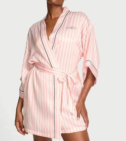 Атласний халат robe iconic stripe в рожеву смужку, XS/S