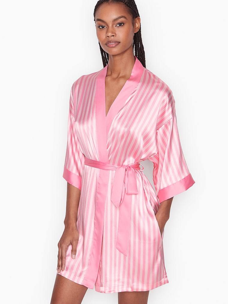 Сатиновий халат Victoria’s Secret Flounce Satin Robe Pink Stripes