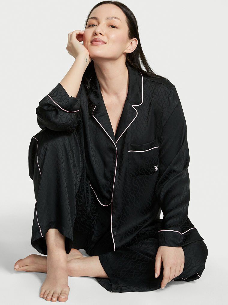 Сатинова піжама Satin Long PJ Set в чорному кольорі, XL