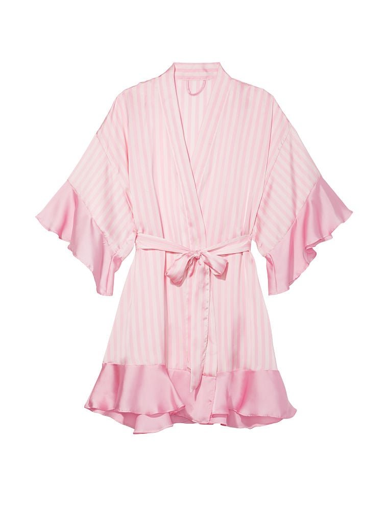 Атласний халат Georgette Flounce Robe Iconic Stripe Victoria’s Secret в рожеву смужку, M/L