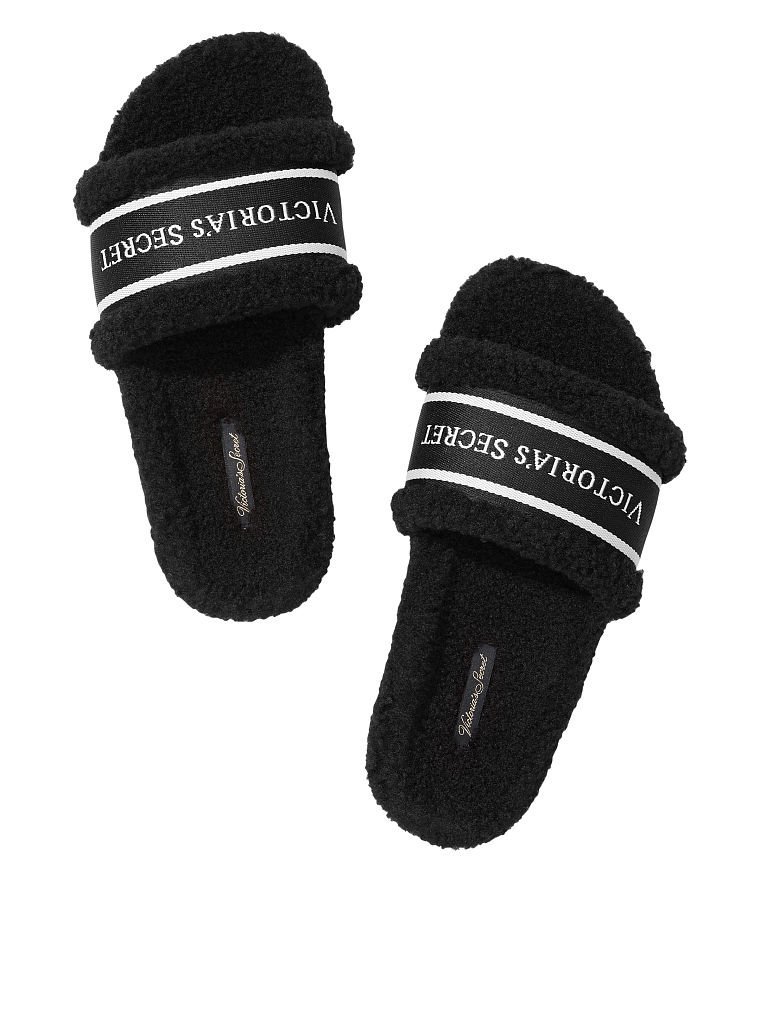 Домашні тапочки Faux Fur Logo Strap Slide Victoria’s Secret чорного кольору, L