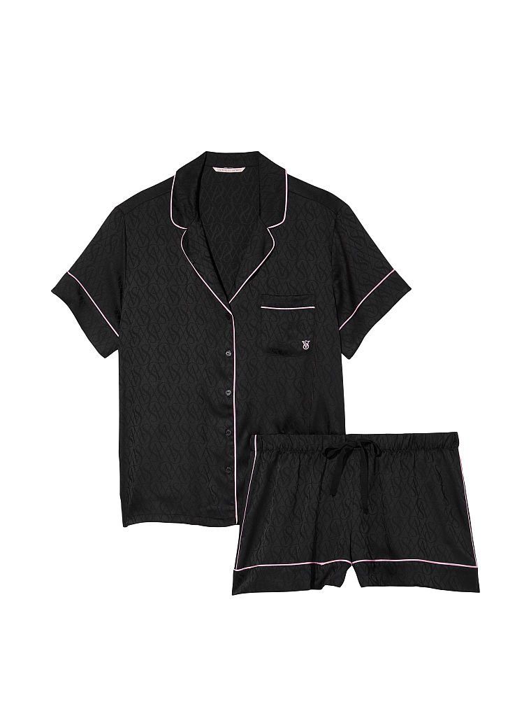 Сатинова пижама Satin Short Pj Set Black Logo Victoria’s Secret с шортами, L
