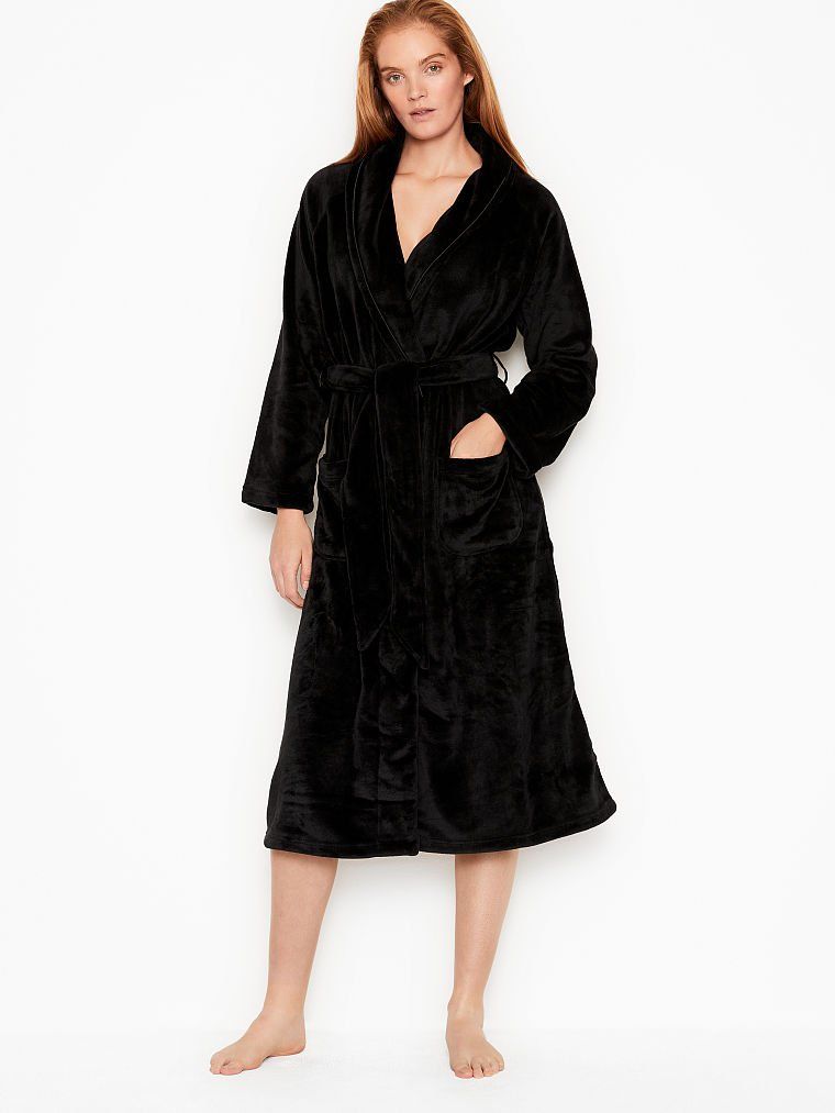 Теплий довгий халат VICTORIA’S SECRET Logo Long Cozy Robe в чорному кольорі