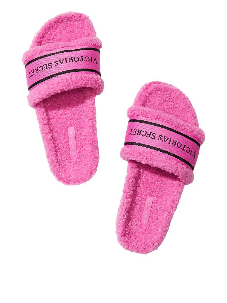 Домашние тапочки Faux Fur Logo Strap Slide Victoria’s Secret розового цвета, M