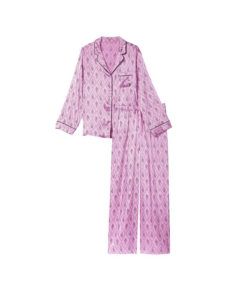 Сатиновая пижама Pink Monogram Satin Long PJ Set, M
