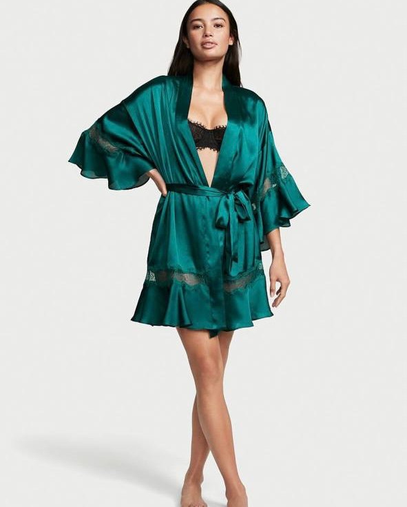 Атласний халат Flounce Satin Robe Spruce Green Victoria’s Secret, XS/S