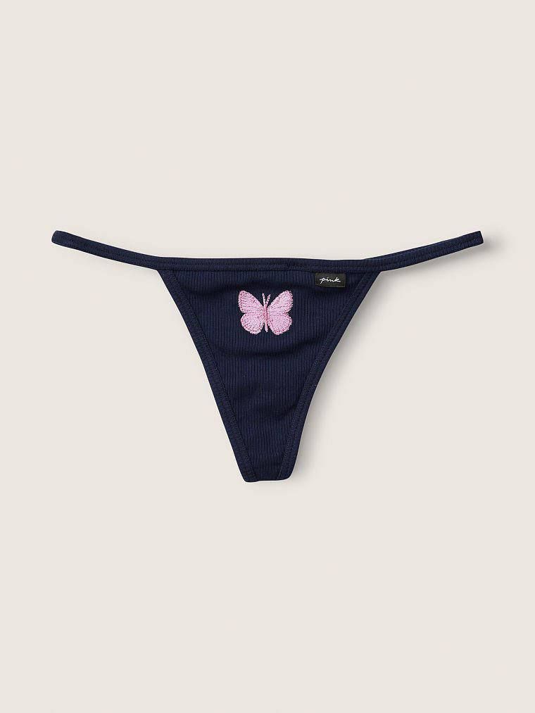 Трусики Pink Victoria’s Secret Cotton Thong V-String Panty синие с бабочкой