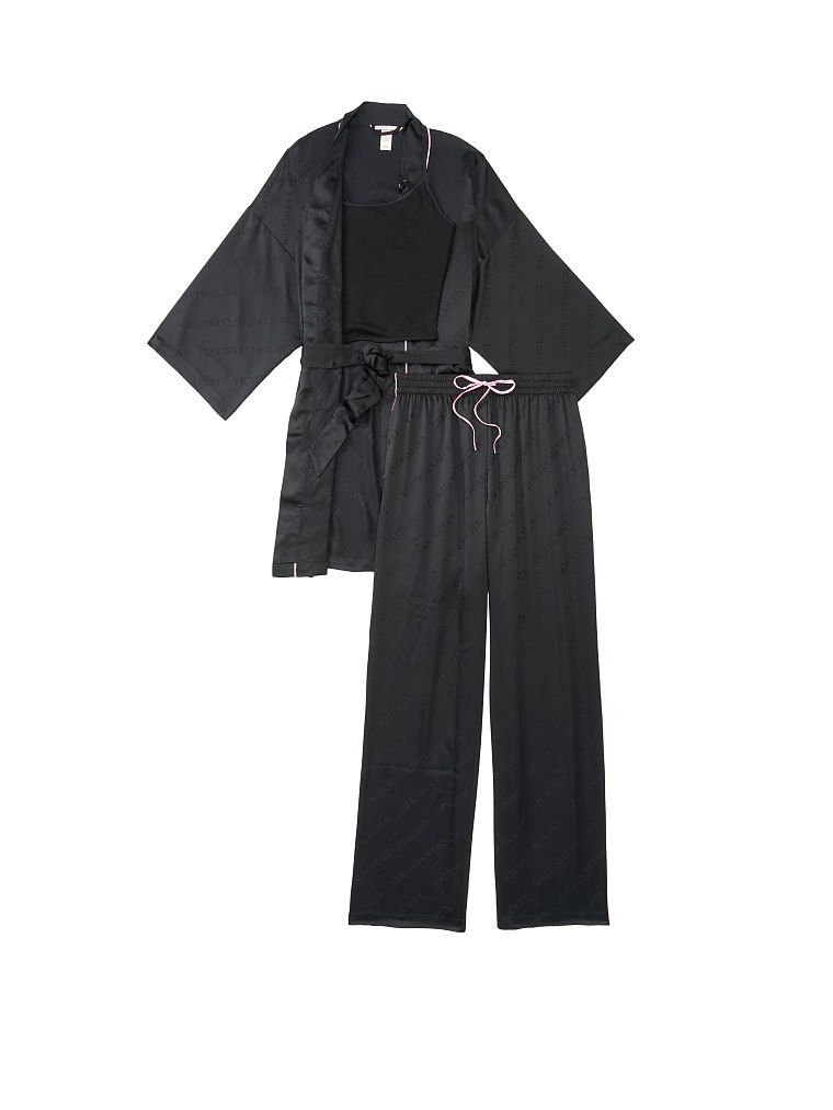 Сатиновая пижама Victoria’s Secret Satim 3-Piece Pj Set Black Logo в чёрном цвете