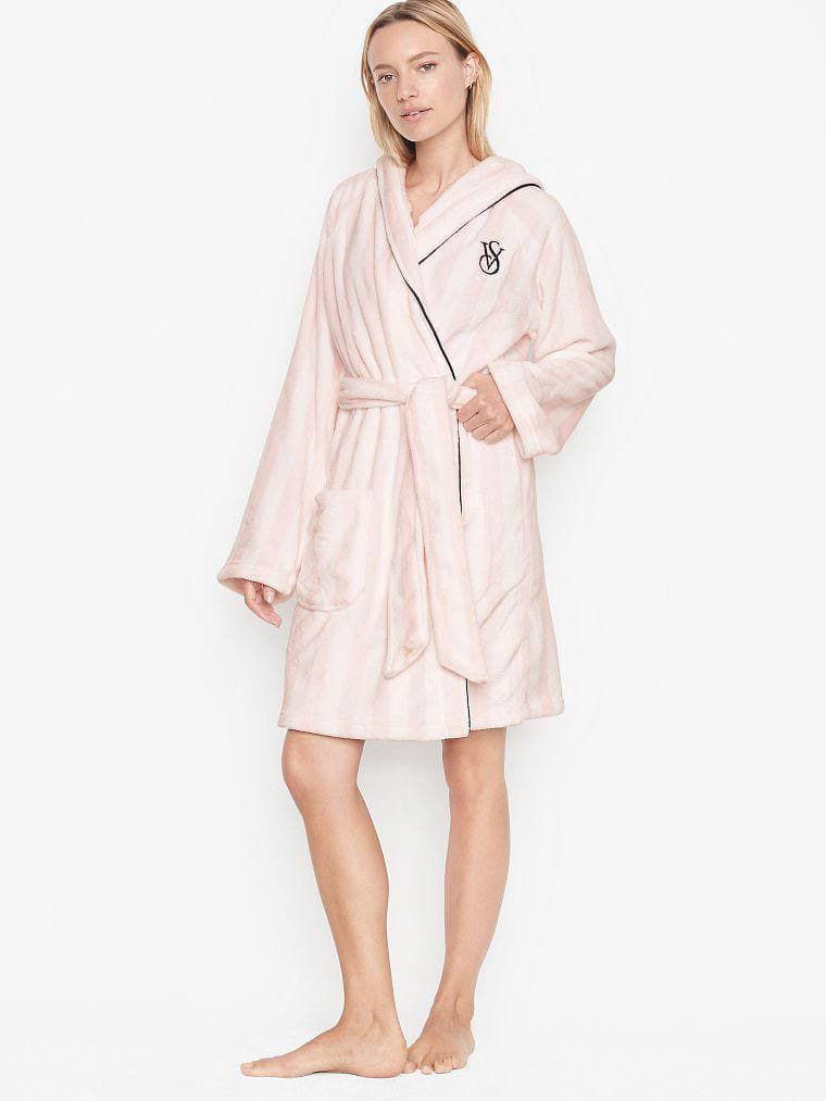 Халат теплий з капюшоном Victoria’s Secret Hooded Short Cozy Robe рожевий в смужку