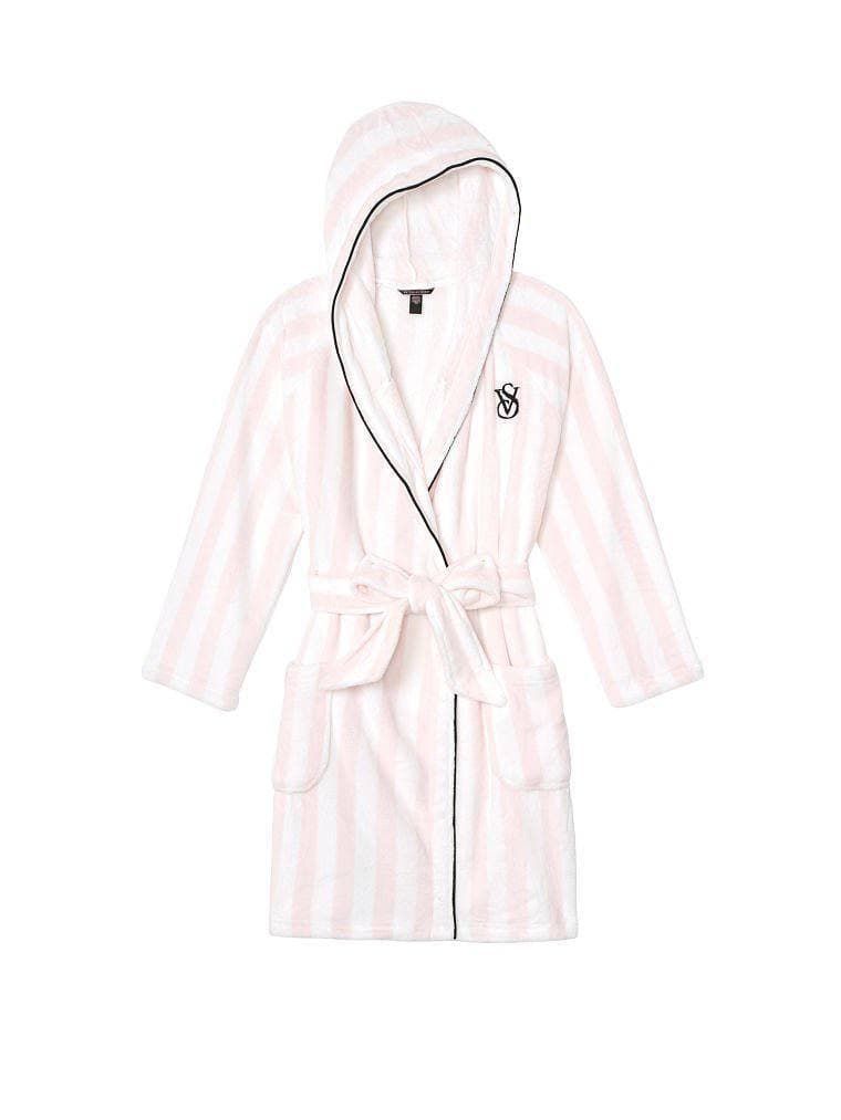Халат теплий з капюшоном Victoria’s Secret Hooded Short Cozy Robe рожевий в смужку, M/L