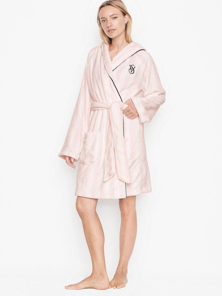 Плюшевый халат с капюшоном Victoria’s Secret Hooded Short Cozy Robe розовый в полоску, M/L