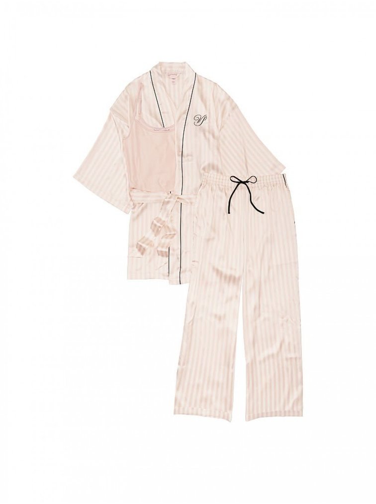 Сатиновая пижама Satin 3-Piece Pj Set Black Logo розовая полоска