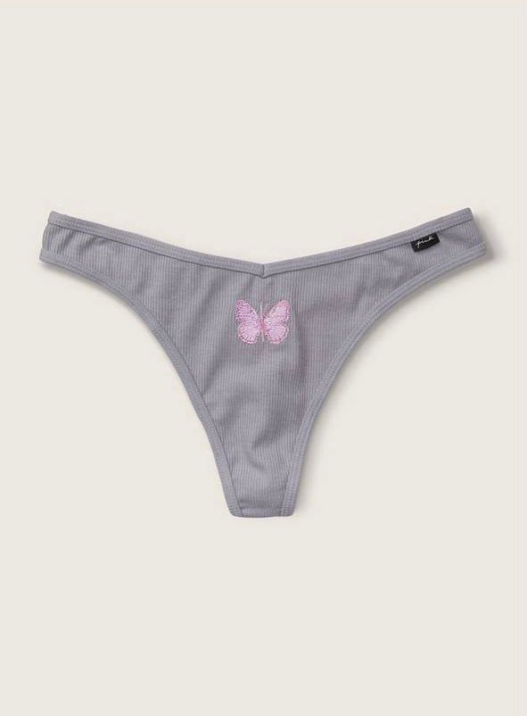 Трусики Pink Victoria’s Secret Cotton Thong Panty серые с бабочкой