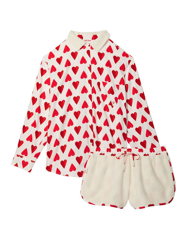 Пижама Plush Fleece Long-Sleeve Printed PJ Set с сердцами, M