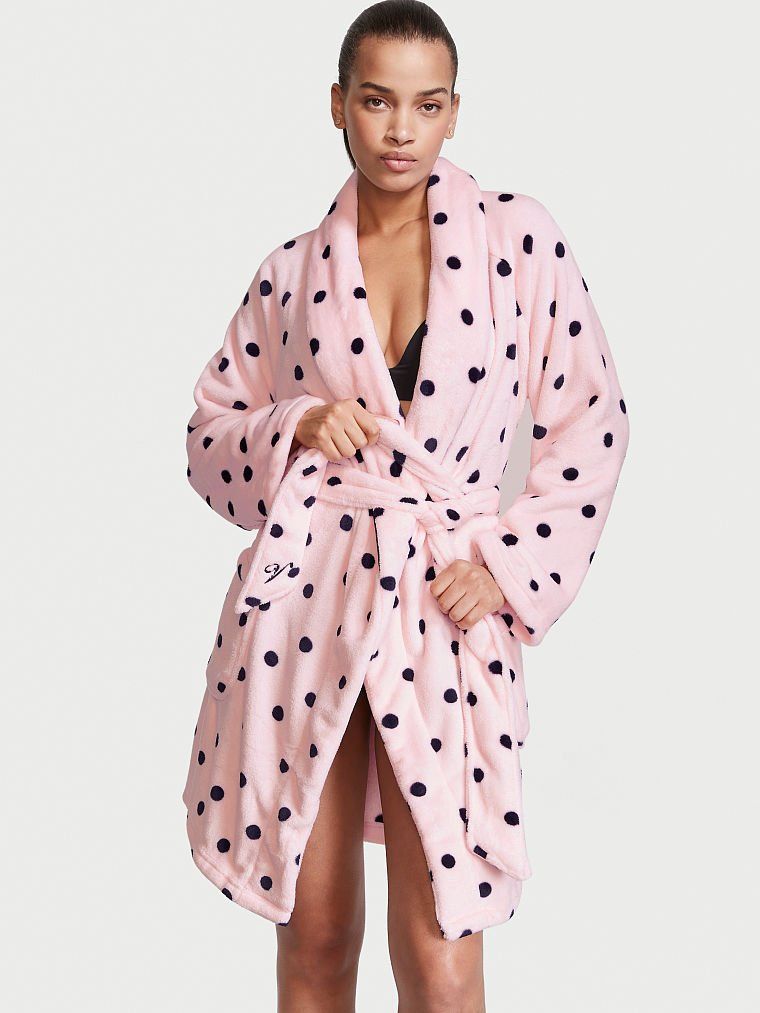 Халат теплий Angel Pink Black Dot Logo Short Cozy Robe Victoria’s Secret, XS/S