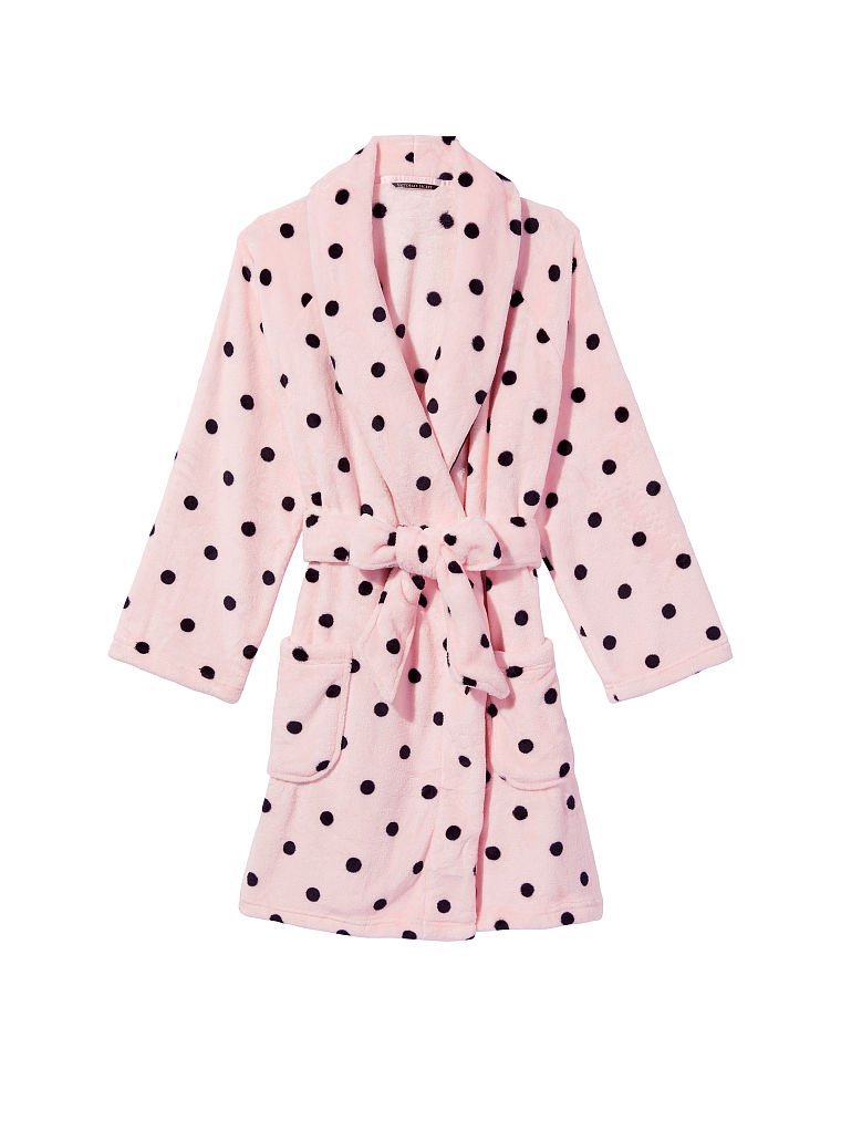 Плюшевый халат Angel Pink Black Dot Logo Short Cozy Robe Victoria’s Secret, M/L