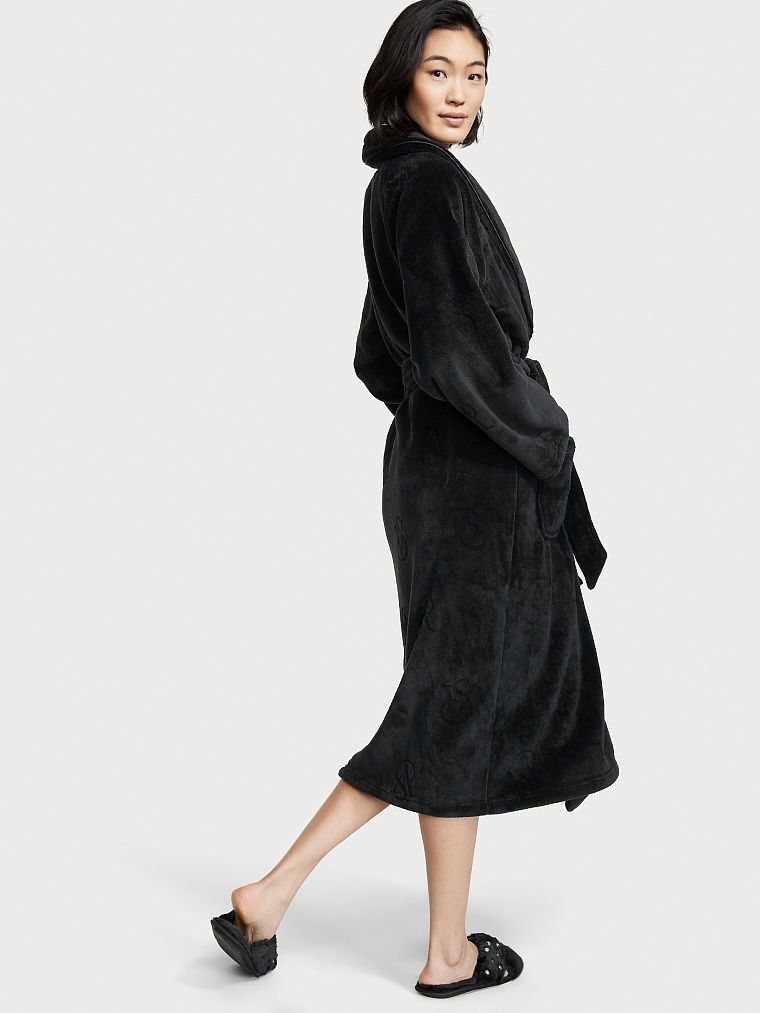 Теплий довгий халат Victoria’s Secret Logo Long Cozy Robe в чорному кольорі, XS/S