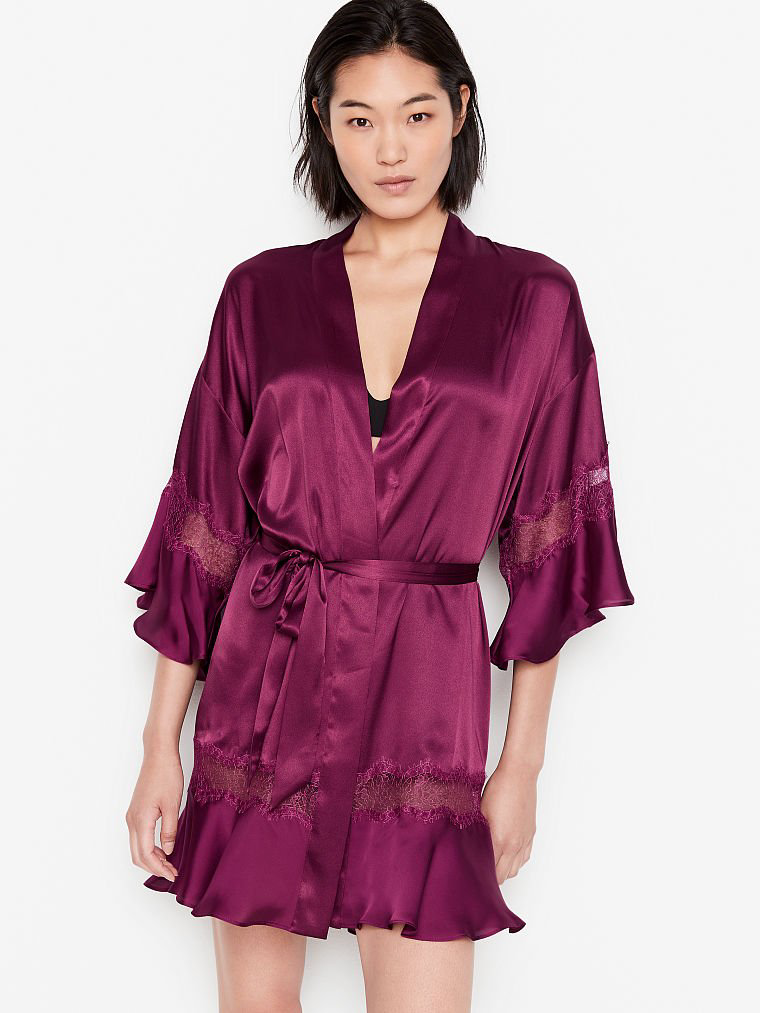 Атласний халат Victoria’s Secret Satin & Lace Robe бордовий, M/L