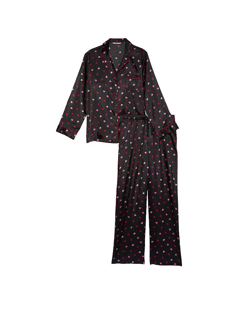 Сатиновая пижама Black Mini Hearts Satin Long PJ Set, S
