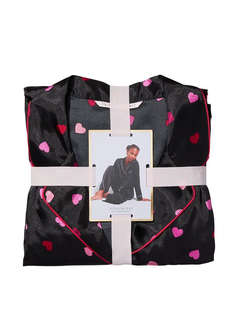Сатиновая пижама Black Mini Hearts Satin Long PJ Set, XS