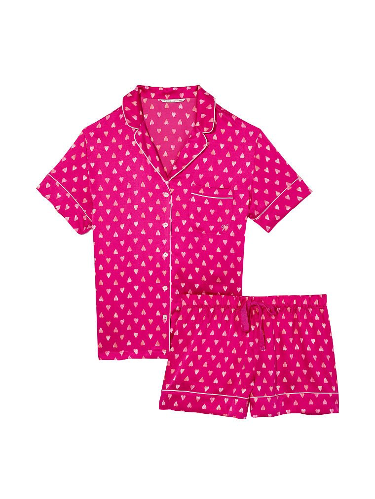 Сатиновая пижама Satin Short Pj Set розовая с сердцами, L