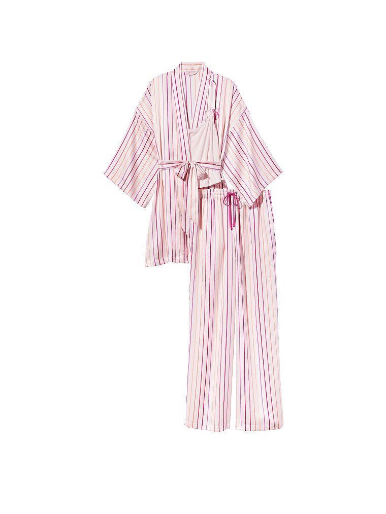 Сатинова піжама Victoria’s Secret Satim 3-Piece Pj Set Black Logo в рожеву смужку, M/L
