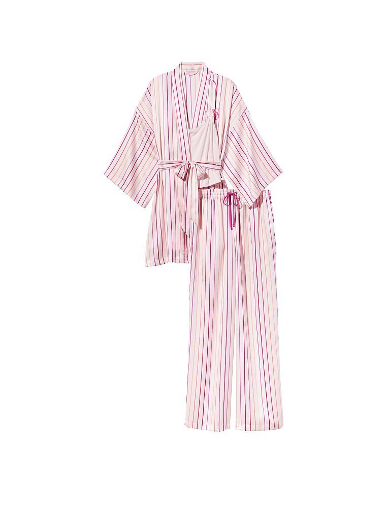 Сатиновая пижама Satin 3-Piece Pj Set Black Logo в розовую полоску, XS/S