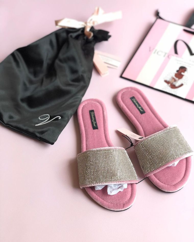 Домашние Тапочки Со Стразами Embellished Velvet Slides Victoria’S Secret Розовые